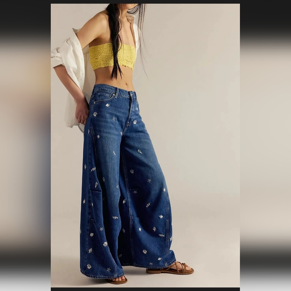 Free People We The Free Westward Demi Embroidered Wide-Leg Jeans NWT 32